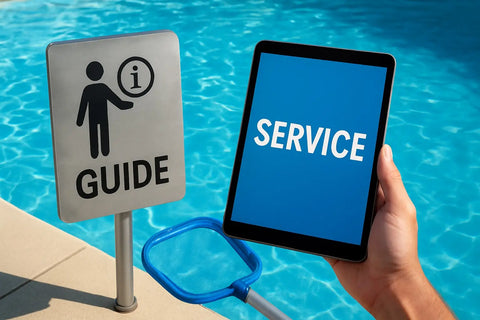 Hand hält ein Tablet mit einer Dienstleistung auf blauem Bildschirm am Poolwasser.