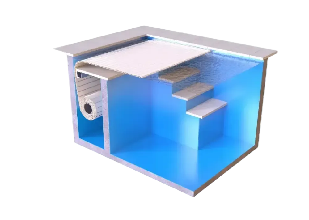 Pool mit versenktem AquaTop-System – 4 m breit, blaue Innenraumgestaltung, weiße Treppe