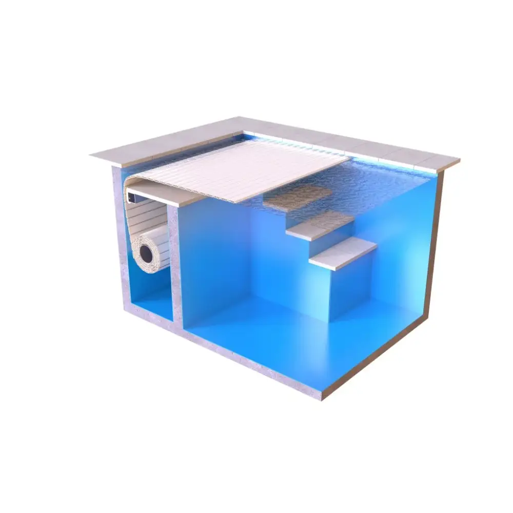 Blå inomhuspool med vita kakeltrappor, AquaTop Under Vatten 800 5m bredd och extern motor