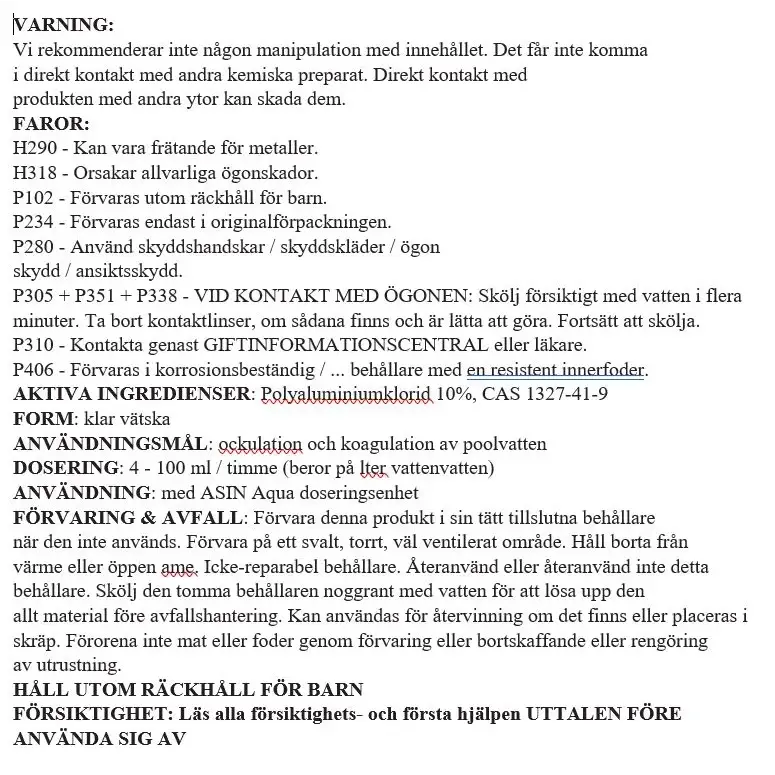 Varning för Aseko Floc C Flytande 20L polymert flockningsmedel med polyaluminiumchlorid