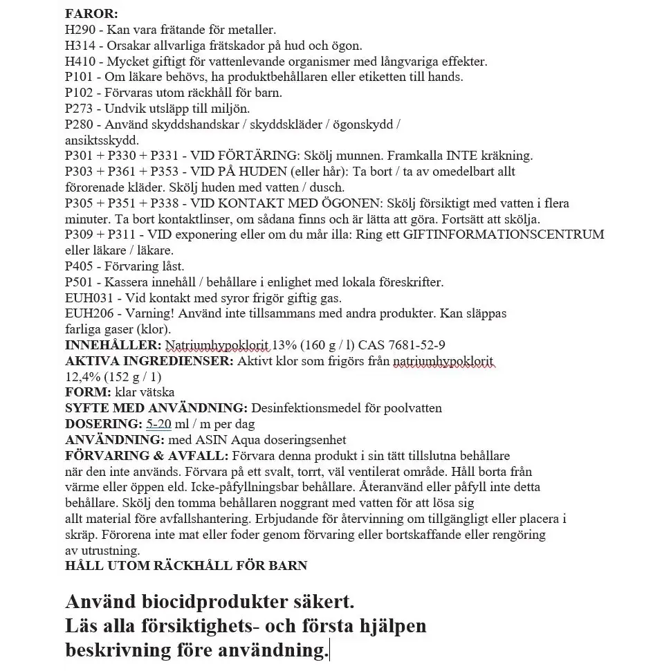 Aseko Pool Spa klor flytande 20L med 13% natriumhypoklorit