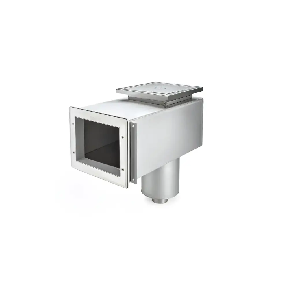 Rektangulär fläktkåpa i rostfritt syrafast stål med platt topp och cylindrisk bas