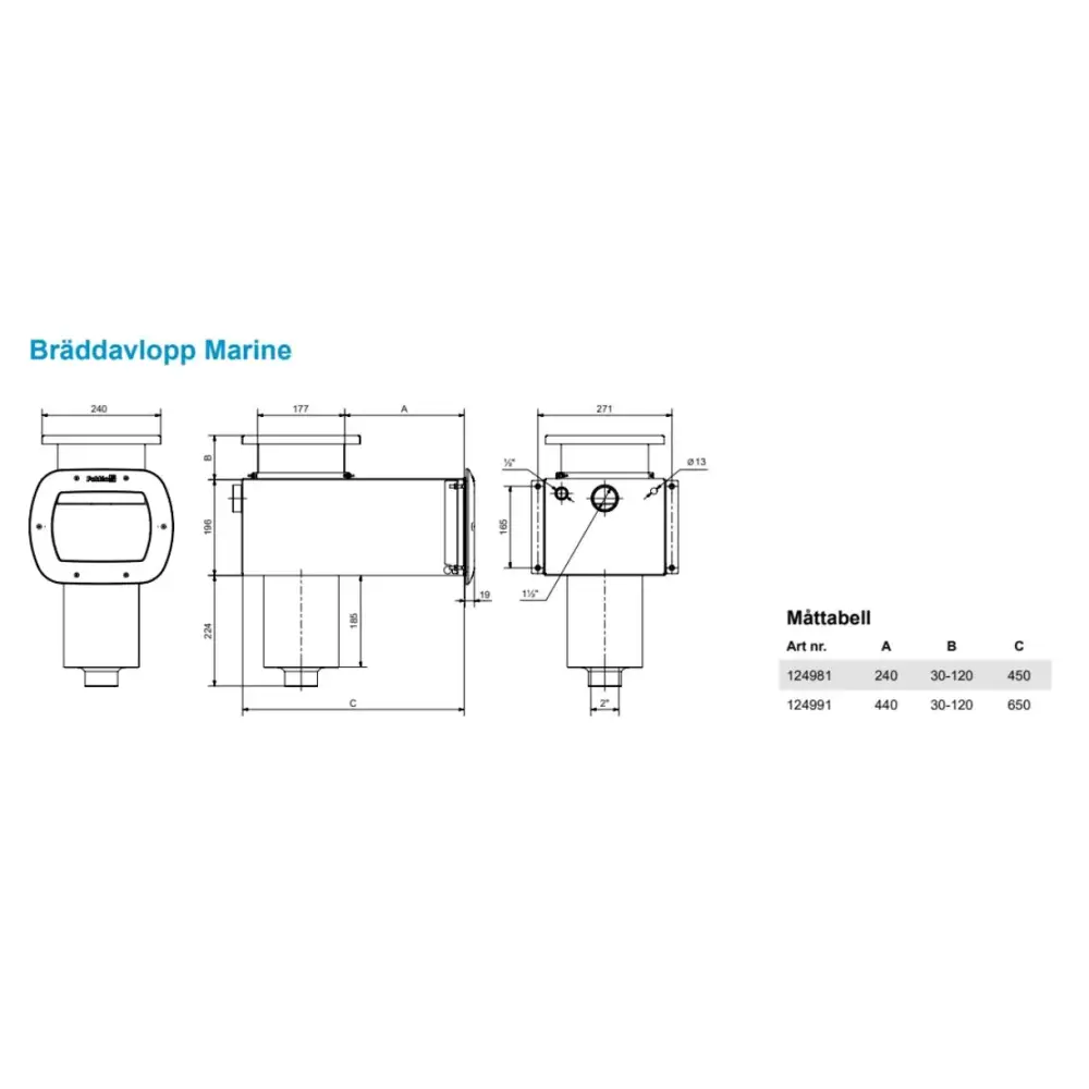 Bräddavlopp marine modell 124981 i rostfritt syrafast stål med mått
