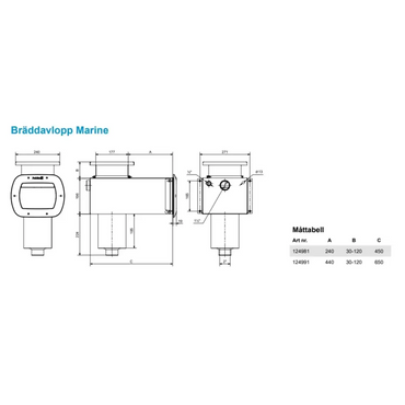 Bräddavlopp marine modell 124981 i rostfritt syrafast stål med mått