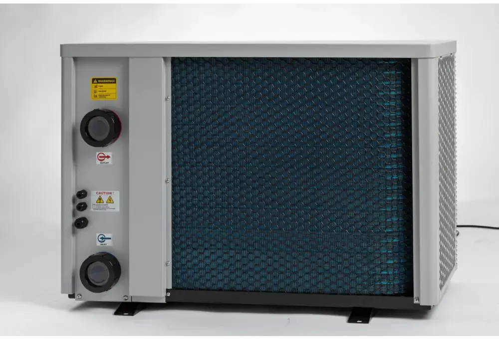 Die neueste Pahlén Calidi Pool-Wärmepumpe aus grauem Metall mit blauem Filterpanel