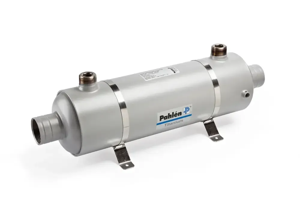 Silverbeklädd hi-flow titanium värmeväxlare med gängade portar