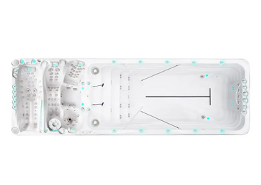 Vit PassionSpa Energy Deep Swim Spa med vit rektangulär form, ljusblå LED-belysning och inbyggda jetstrålar