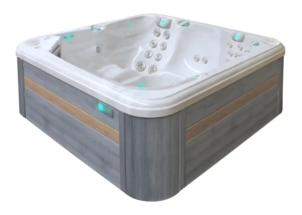 PassionSpa Reflect Whirlpool – modernes Design, graue Holzpaneele, weiße Massagedüsen, blaugrüne Beleuchtung