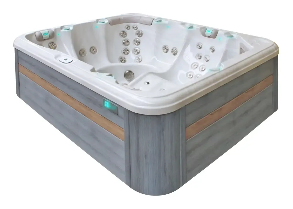 PassionSpa Repose Whirlpool – modernes Design, graue Ausführung, Holzoptik, weiße Massagedüsen