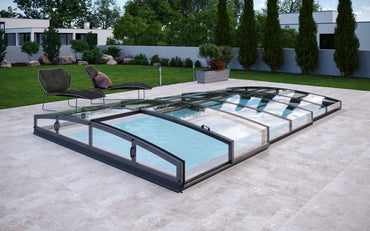 Pooltak Infinity 3×6 klarplast med moderna glastak och extra starka profiler