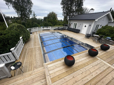 Rektangulärt Pooltak Sydney 3×6 med glasöverdrag, blåvatten och enkelskena i antracit