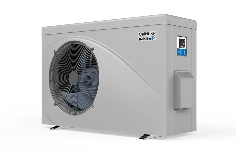 Grå Pahlén Calidi XP10 utomhus luft-vatten värmepump med cirkulär fläktgaller och digital display