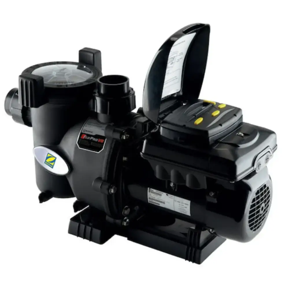 Zodiac FloPro poolpump med svart plast, transparent lock och gula knappar för optimal vattenbehandling