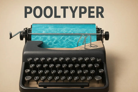 Schwarze Vintage-Schreibmaschine mit türkisfarbener Papierrolle in einer Pool-Szenerie.