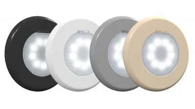 LED-Poolleuchten – vier runde Leuchten in Schwarz, Weiß, Grau und Beige