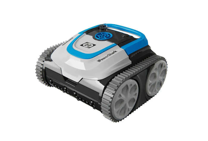 Poolroboter – weiße Ausführung, blaue Akzente, graue Raupenketten