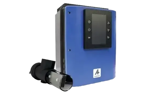 Albixon Neosalt Salzelektrolysegerät mit blauer Steuereinheit, schwarzem Bedienfeld und Sensor