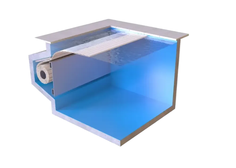 Blauer Pool – weiße Plattform, sichtbares Heizsystem, 60 x 14 mm, externer Motor