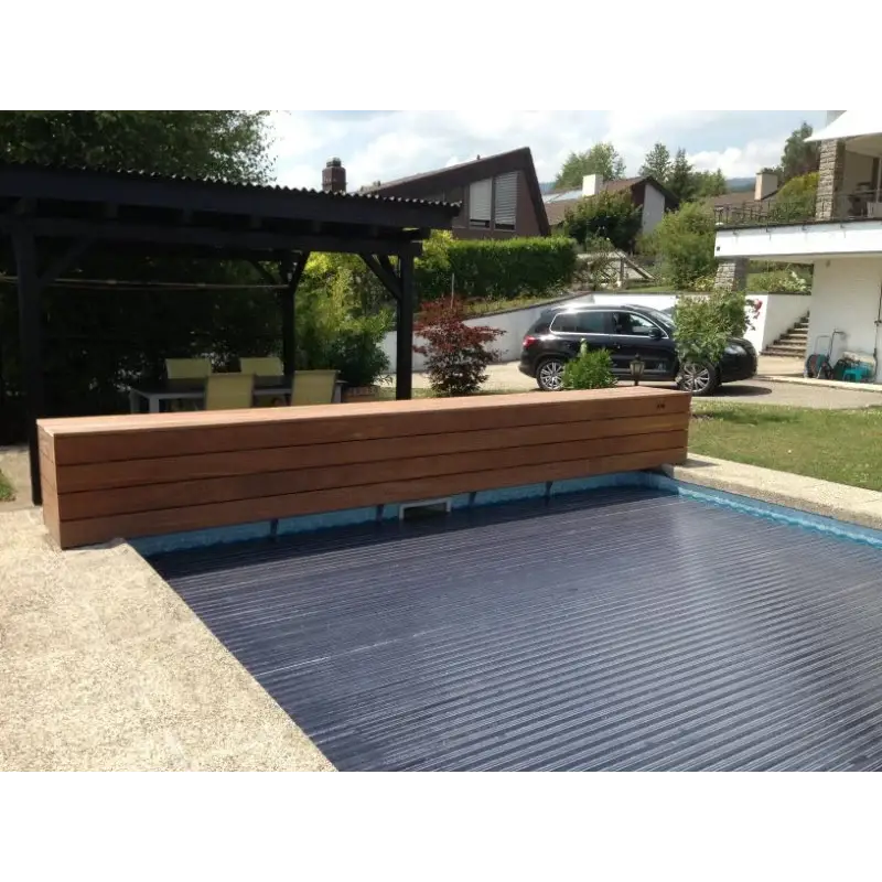 Mörkblå ribbad Aquatop ovanmark pooltäckning 60x14mm med träbänk