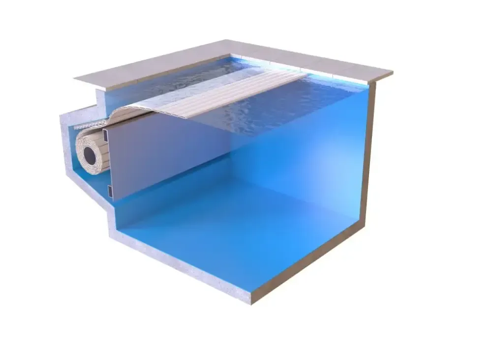 Blå pool med metallram, vit ribbad filtrering och extern motor