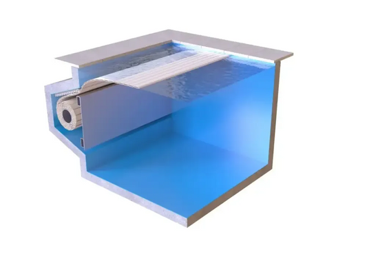 Blauer Pool – Metallrahmen, weiße gerippte Filtereinheit, externer Motor