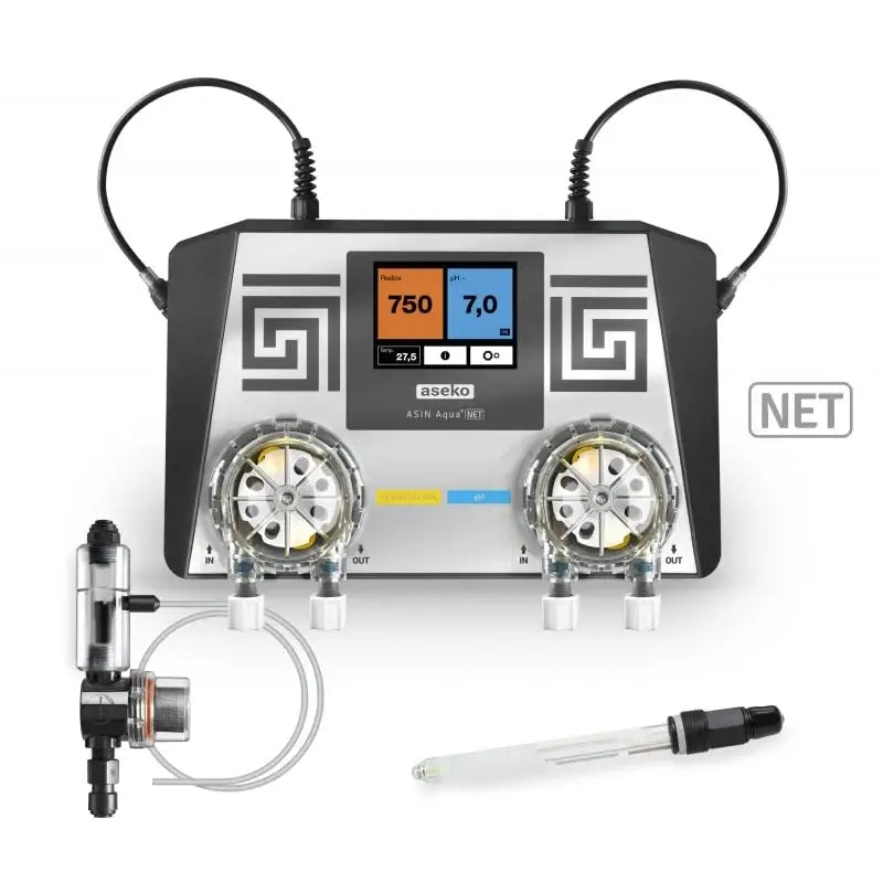 Asin Aqua Net silver-svart vattenkvalitetsövervakningssystem med digital display för pH, konduktivitet och temperatur