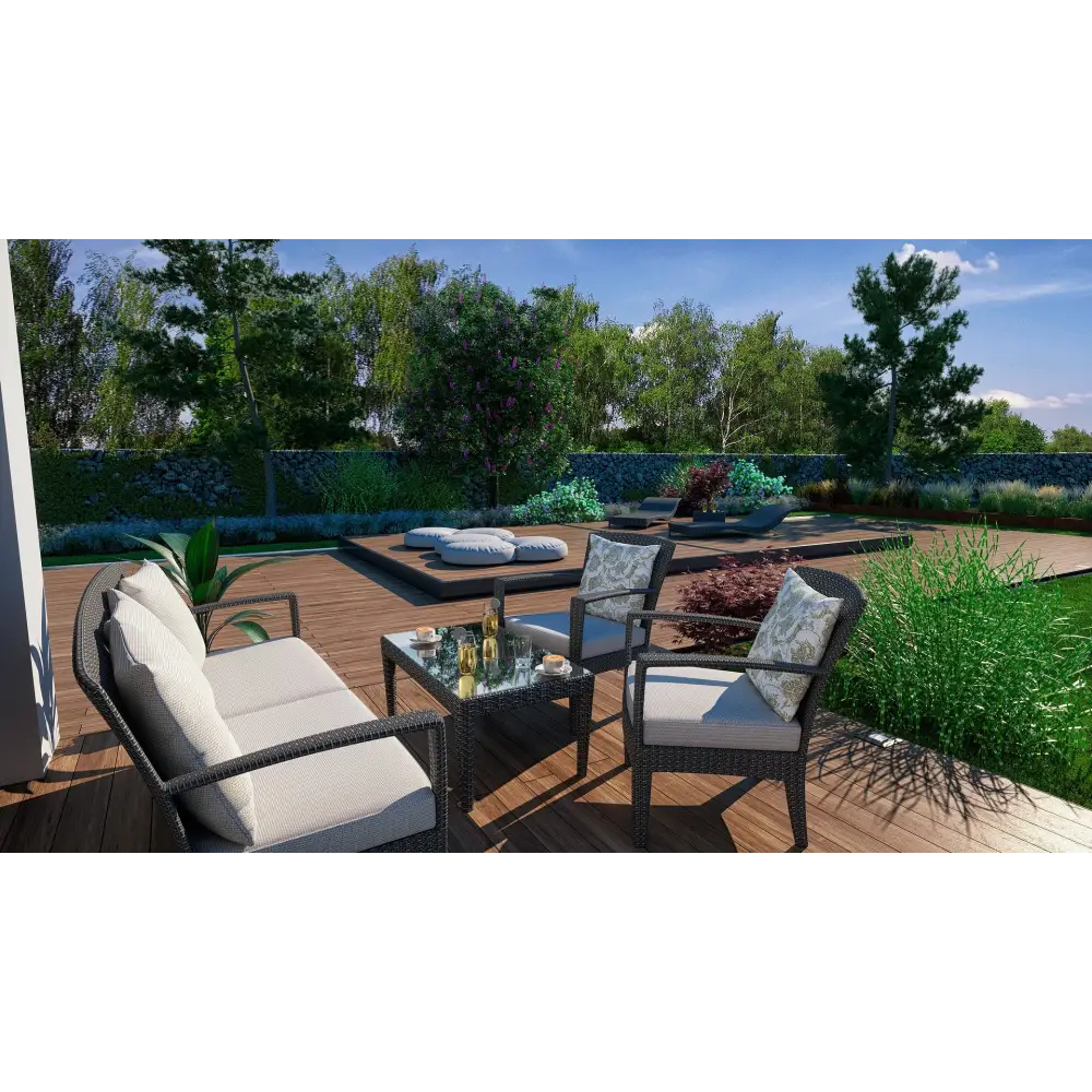 Mörkgrå rottingpatio med beige kuddar på mobil poolterrass och Bergen deck