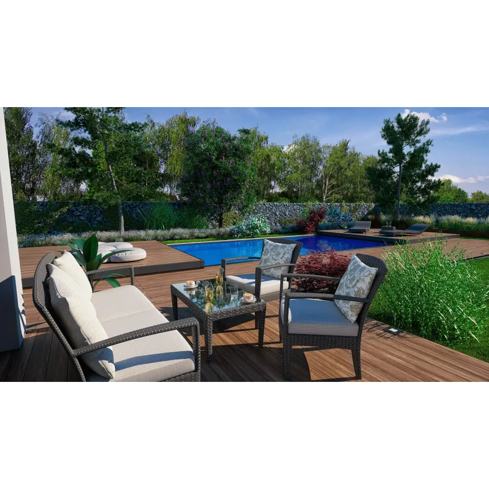 Modern wicker patio set med beige kuddar på mobil poolterrass och Bergen deck