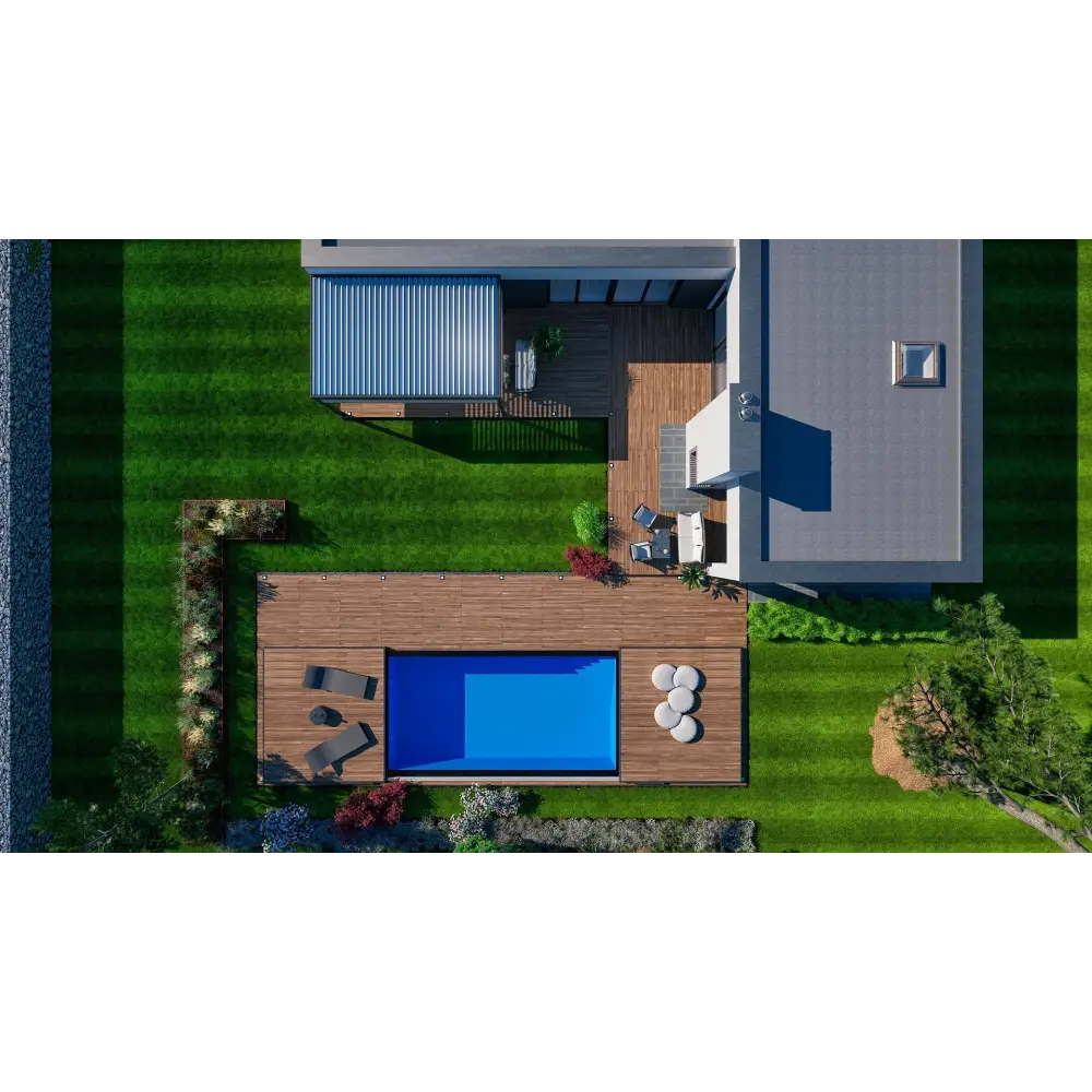 Rektangulär blå pool på trädeck med mobil poolterrass och Bergen deck