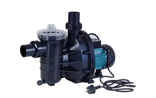 Brilix FXP Pool-Umwälzpumpe, 14 m³ – schwarzer Kunststoff, blaugrüner Motor, transparenter Deckel