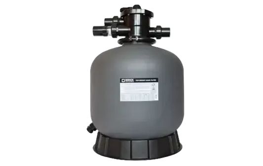 Brilix P350 Sandfilter – graue zylindrische Form, schwarze Oberseite und Basis, Danfoss-Etikett