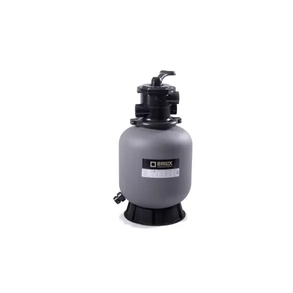 Grå cylindrisk Brilix P350 sandfilter med svart topp och bas