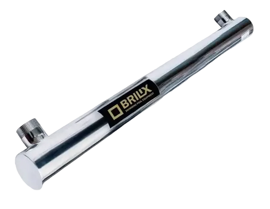 Brilix SP-I UV-Lampe mit zylindrischem, chromfarbenem Gehäuse und Etikett