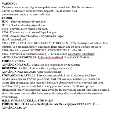 Varning för Aseko Floc C Flytande 20L polymert flockningsmedel med polyaluminiumchlorid