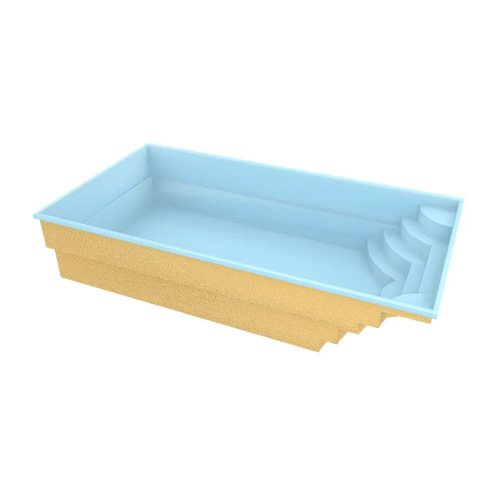 Blå rektangulär glasfiberpool Aruba med steg och kakel