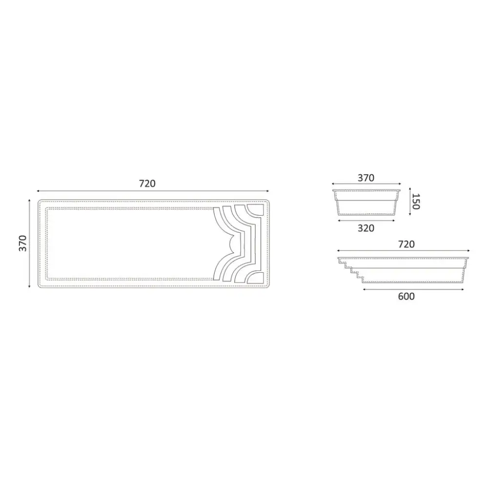 Blå rektangulär glasfiberpool Aruba med tekniska ritningar av planter