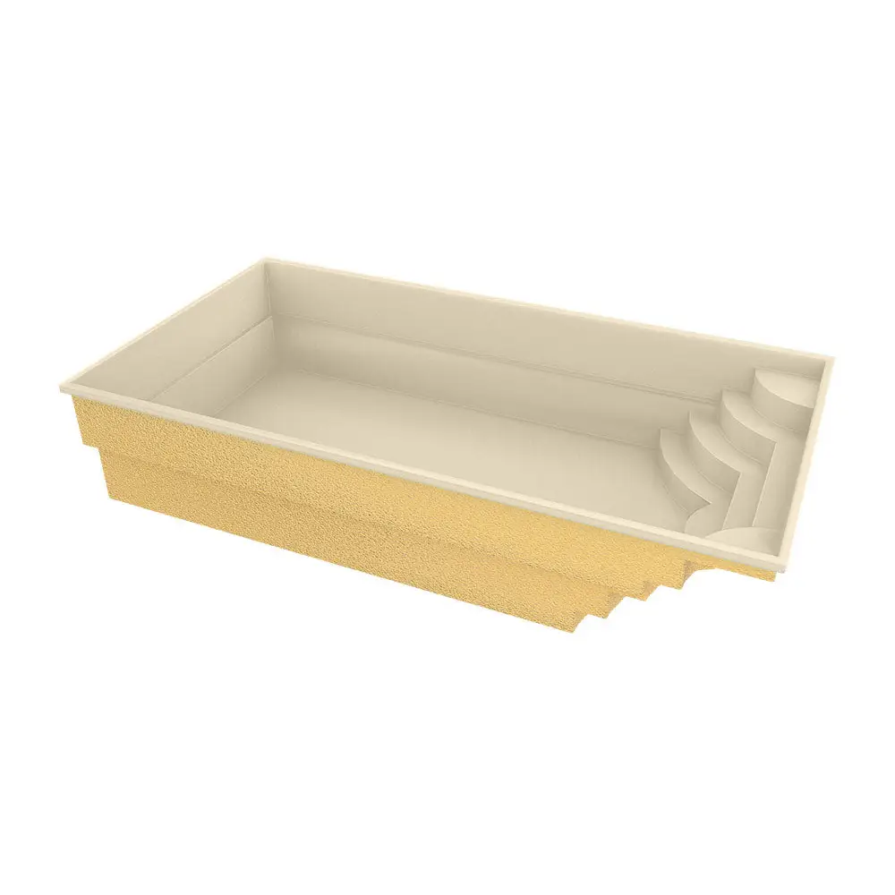 Blå rektangulär glasfiberpool Aruba med kaklad omgivning och krämfärgade steg