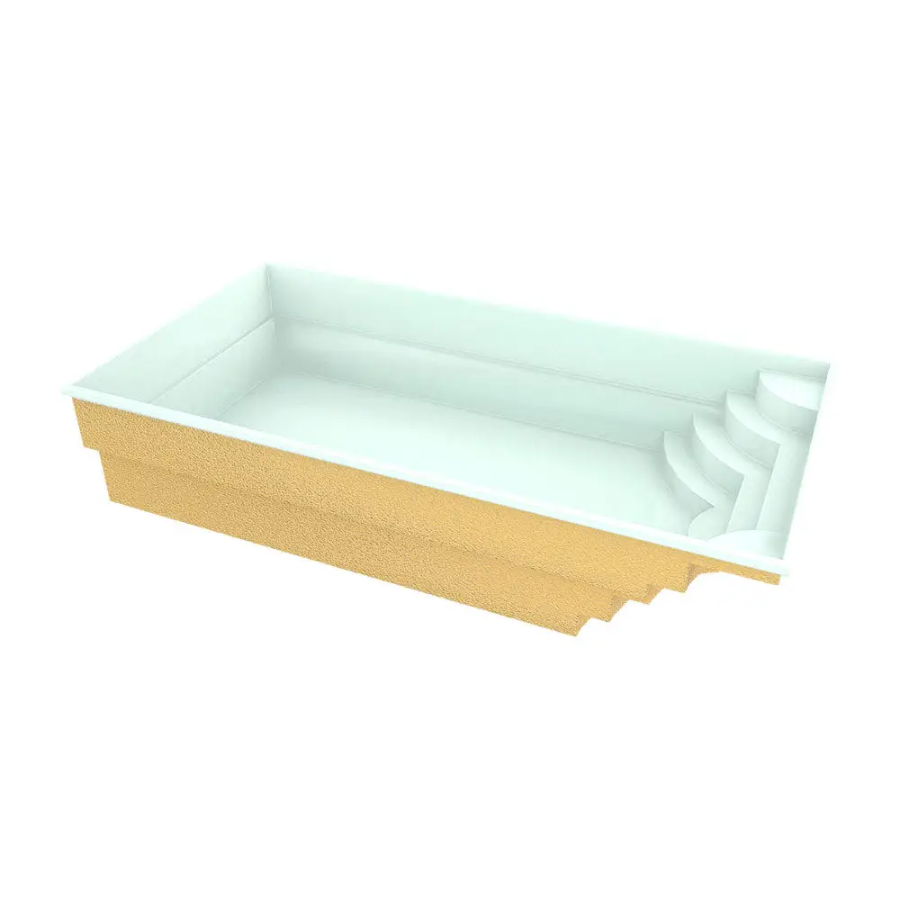 Blå rektangulär glasfiberpool Aruba med guld ytter och vit interiör