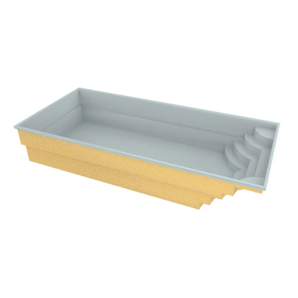 Rektangulär glasfiberpool Aruba med glasräcke, guldtexturerad exteriör och grå interiör