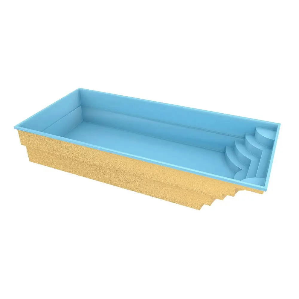 Rektangulär blå glasfiberpool Aruba med gula steg och glasräcke