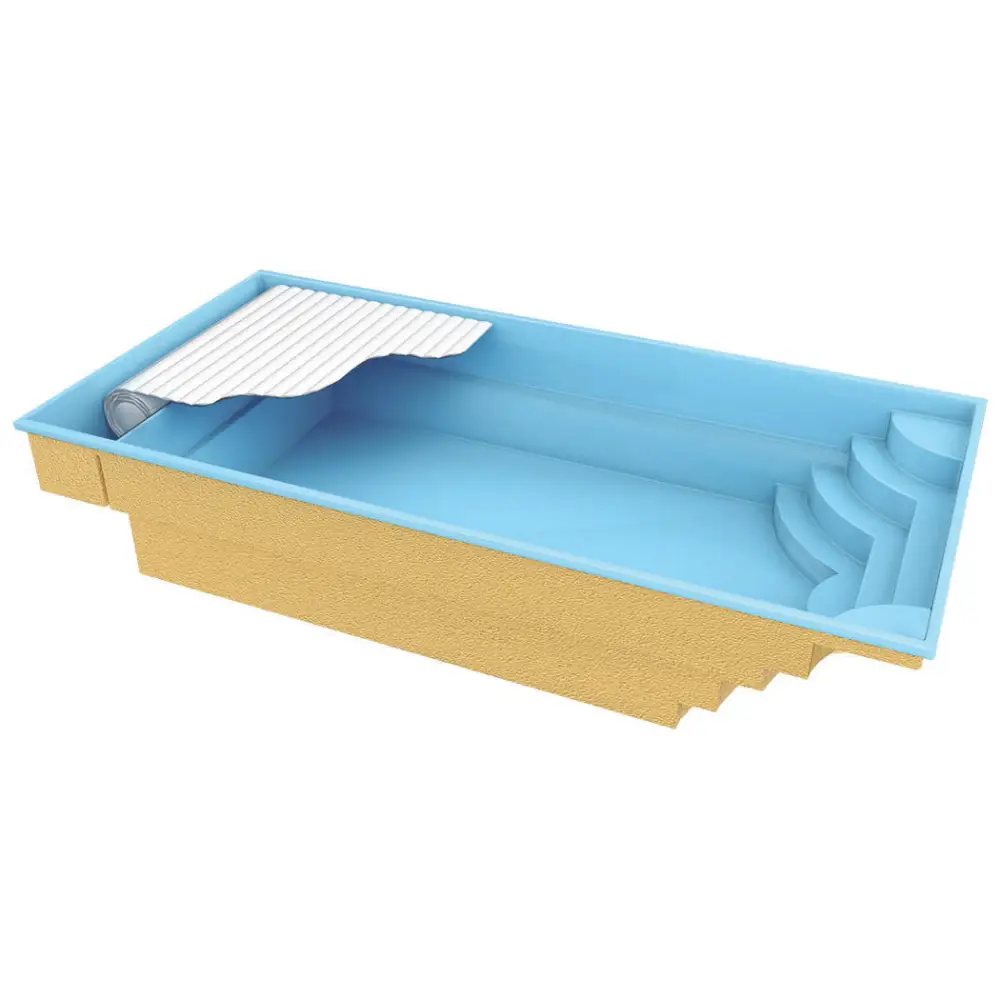 Ljusblå rektangulär glasfiberpool Aruba Plus med trappor och klart vatten