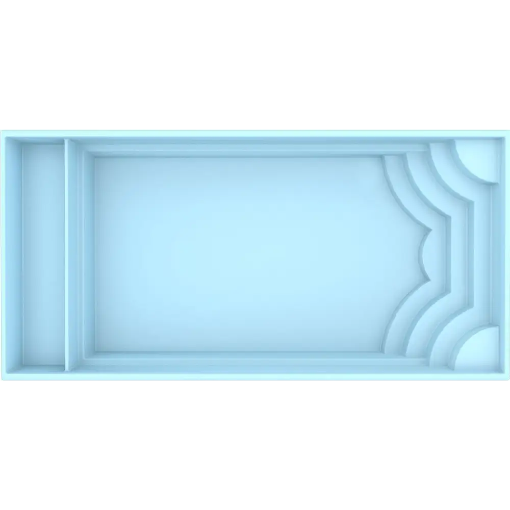 Ljusblå rektangulär Aruba Plus glasfiberpool med klart blått vatten