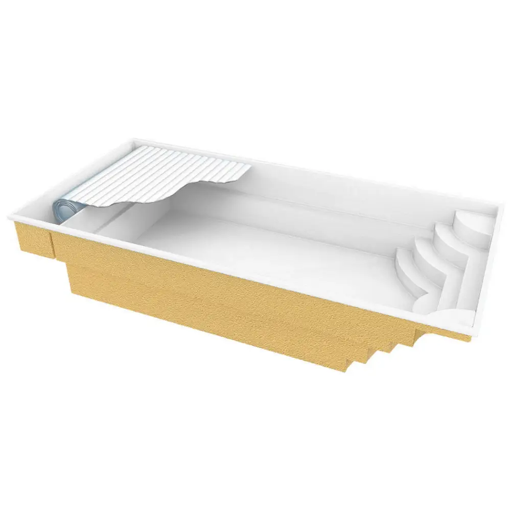 Vit och guld inlagd inground glasfiberpool Aruba Plus med steg och vit ribbad täckning