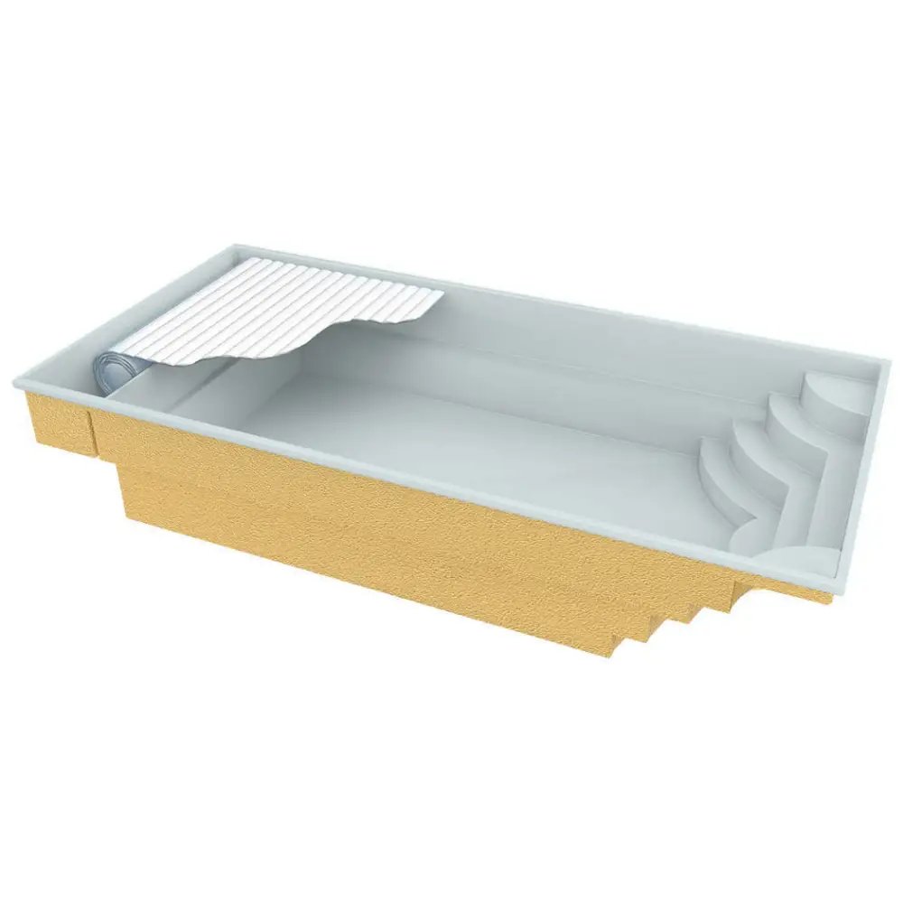 Rektangulär glasfiberpool Aruba Plus med beige väggar, vit interiör och rullbar täckning