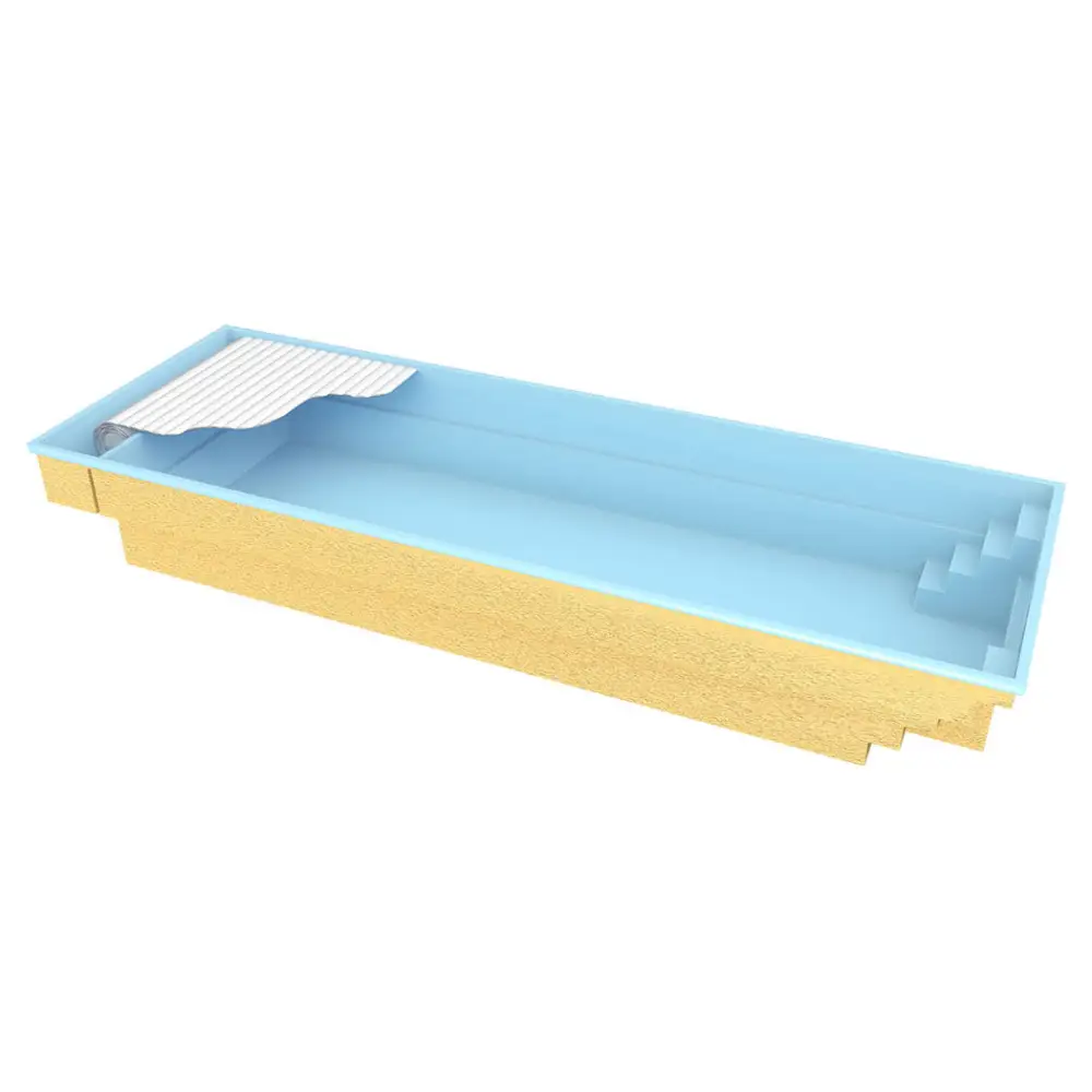 Blå och guld Bahama trädgårdspool med transparent pooltak och steg