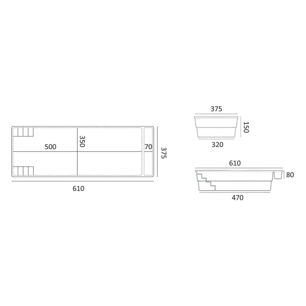 Rektangulär planter 610x375x70 mm med stegad design för glasfiberpool Bahama