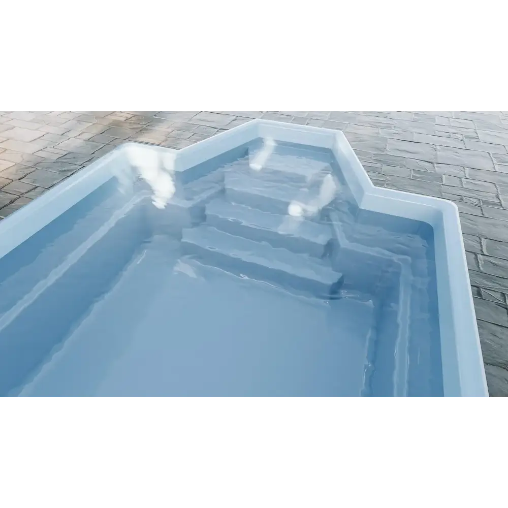 Glasfiberpool Grenada med intressant form och bekväma sittplatser i ljusblått