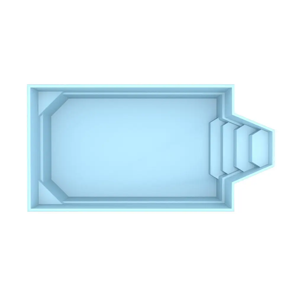 Glasfiberpool Grenada i ljusblått med intressant form och bekväma sittplatser