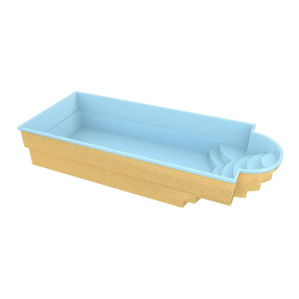 Glasfiberpool Haiti med avrundad trappa i ljusblå och guld