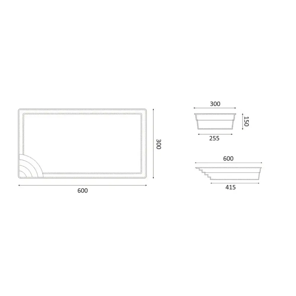 Glasfiberpool Papeete med elegant pooltak i teknisk ritning